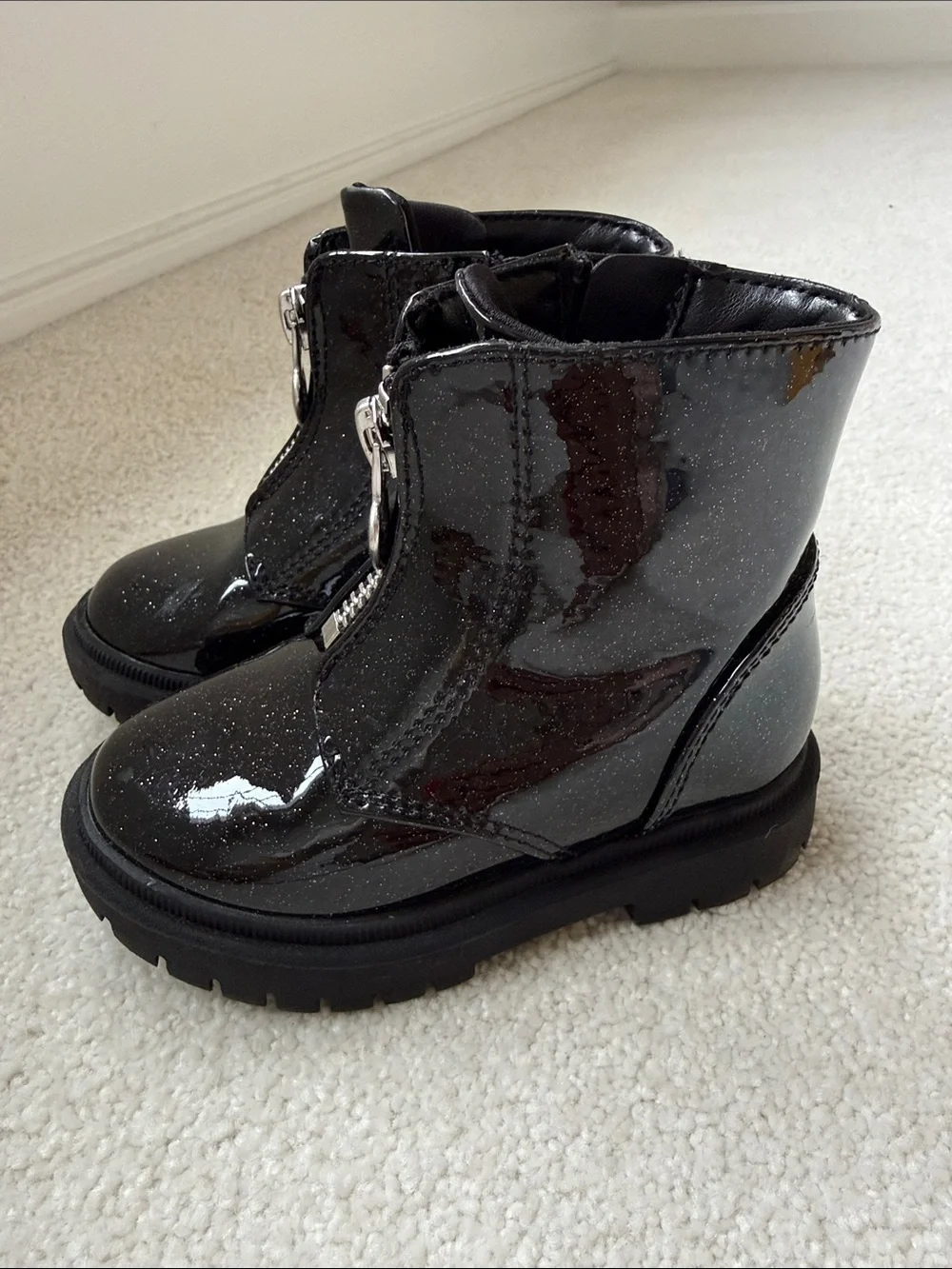 Cat & Jack Black Patent Glitter Front-Zip Boots